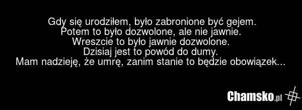 Gdy się urodziłem, było zabronione być gejem. Potem to było dozwolone, ale nie jawnie. Wreszcie to było jawnie dozwolone. Dzisiaj jest to powód do dumy. Mam nadzieję, że umrę, zanim stanie to będzie obowiązek...