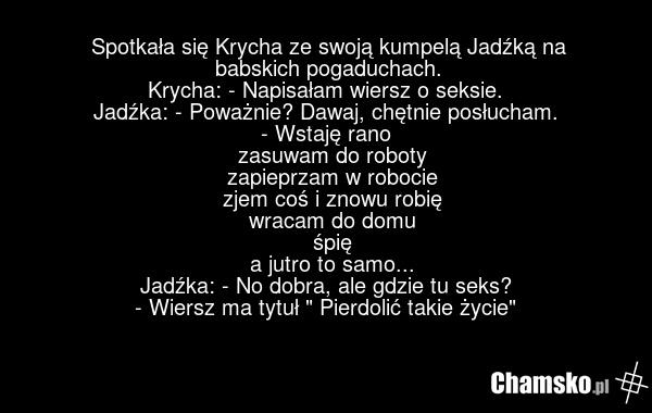Spotkała się Krycha ze swoją kumpelą Jadźką na babskich pogaduchach. Krycha: - Napisałam wiersz o seksie. Jadźka: - Poważnie? Dawaj, chętnie posłucham. - Wstaję rano zasuwam do roboty zapieprzam w robocie zjem coś i znowu robię wracam do domu śpię a jutro to samo... Jadźka: - No dobra, ale gdzie tu…