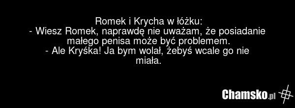 Romek i Krycha w łóżku: - Wiesz Romek, naprawdę nie uważam, że posiadanie małego penisa może być problemem. - Ale Kryśka! Ja bym wolał, żebyś wcale go nie miała.