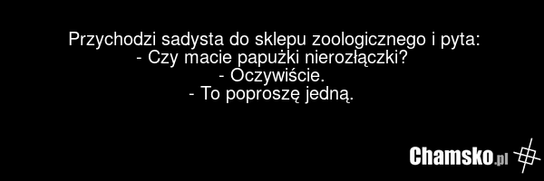 Przychodzi sadysta do sklepu zoologicznego i pyta: - Czy macie papużki nierozłączki? - Oczywiście. - To poproszę jedną.