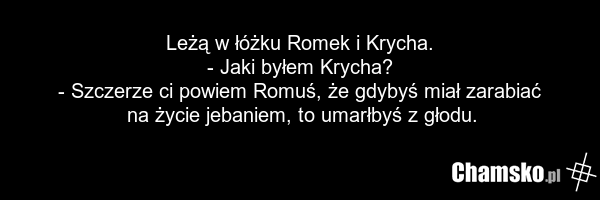 Leżą w łóżku Romek i Krycha. - Jaki byłem Krycha? - Szczerze ci powiem Romuś, że gdybyś miał zarabiać na życie jebaniem, to umarłbyś z głodu.