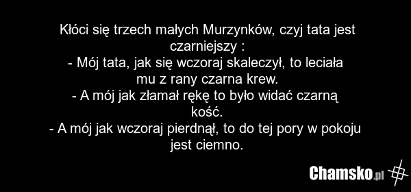 Kłóci się trzech małych Murzynków, czyj tata jest czarniejszy : - Mój tata, jak się wczoraj skaleczył, to leciała mu z rany czarna krew. - A mój jak złamał rękę to było widać czarną kość. - A mój jak wczoraj pierdnął, to do tej pory w pokoju jest ciemno.