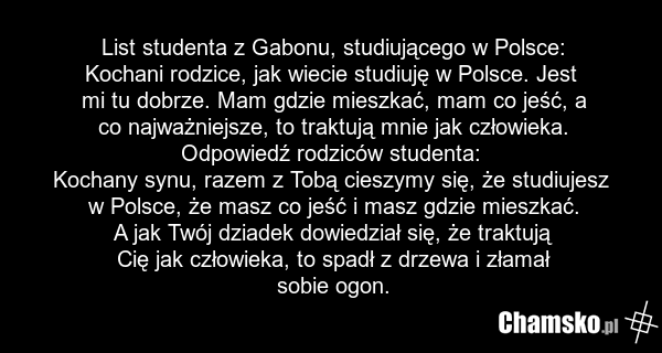 List studenta z Gabonu, studiującego w Polsce: Kochani rodzice, jak wiecie studiuję w Polsce. Jest mi tu dobrze. Mam gdzie mieszkać, mam co jeść, a co najważniejsze, to traktują mnie jak człowieka. Odpowiedź rodziców studenta: Kochany synu, razem z Tobą cieszymy się, że studiujesz w Polsce, że masz…
