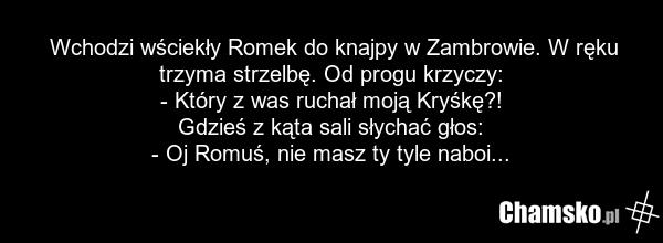 Wchodzi wściekły Romek do knajpy w Zambrowie. W ręku trzyma strzelbę. Od progu krzyczy: - Który z was ruchał moją Kryśkę?! Gdzieś z kąta sali słychać głos: - Oj Romuś, nie masz ty tyle naboi...