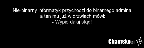 Nie-binarny informatyk przychodzi do binarnego admina, a ten mu już w drzwiach mówi: - Wypierdalaj stąd!