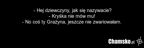 - Hej dziewczyny, jak się nazywacie? - Kryśka nie mów mu! - No coś ty Grażyna, jeszcze nie zwariowałam.