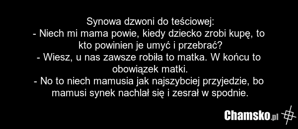 Synowa dzwoni do teściowej: - Niech mi mama powie, kiedy dziecko zrobi kupę, to kto powinien je umyć i przebrać? - Wiesz, u nas zawsze robiła to matka. W końcu to obowiązek matki. - No to niech mamusia jak najszybciej przyjedzie, bo mamusi synek nachlał się i zesrał w spodnie.