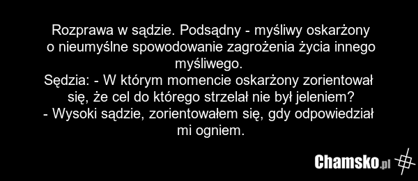 Rozprawa w sądzie. Podsądny - myśliwy oskarżony o nieumyślne spowodowanie zagrożenia życia innego myśliwego. Sędzia: - W którym momencie oskarżony zorientował się, że cel do którego strzelał nie był jeleniem? - Wysoki sądzie, zorientowałem się, gdy odpowiedział mi ogniem.