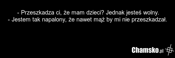 - Przeszkadza ci, że mam dzieci? Jednak jesteś wolny. - Jestem tak napalony, że nawet mąż by mi nie przeszkadzał.