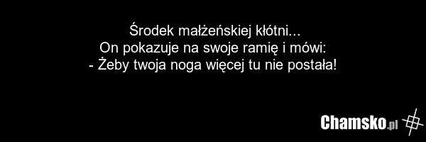 Środek małżeńskiej kłótni... On pokazuje na swoje ramię i mówi: - Żeby twoja noga więcej tu nie postała!