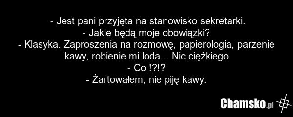 - Jest pani przyjęta na stanowisko sekretarki. - Jakie będą moje obowiązki? - Klasyka. Zaproszenia na rozmowę, papierologia, parzenie kawy, robienie mi loda... Nic ciężkiego. - Co !?!? - Żartowałem, nie piję kawy.