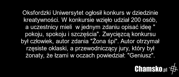 Oksfordzki Uniwersytet ogłosił konkurs w dziedzinie kreatywności. W konkursie wzięło udział 200 osób, a uczestnicy mieli w jednym zdaniu opisać ideę " pokoju, spokoju i szczęścia". Zwycięzcą konkursu był człowiek, autor zdania "Żona śpi". Autor otrzymał rzęsiste oklaski, a przewodniczący jury, któr…