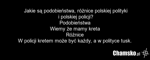 Jakie są podobieństwa, różnice polskiej polityki i polskiej policji? Podobieństwa Wiemy że mamy kreta Różnice W policji kretem może być każdy, a w polityce tusk.