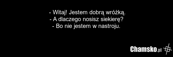- Witaj! Jestem dobrą wróżką. - A dlaczego nosisz siekierę? - Bo nie jestem w nastroju.