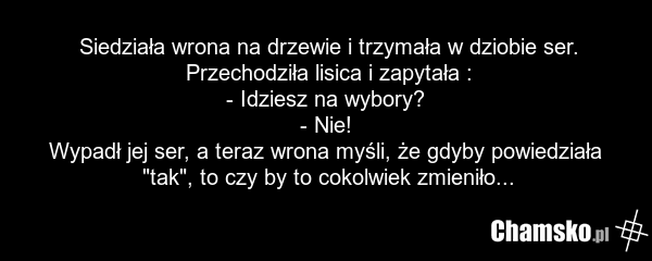 Siedziała wrona na drzewie i trzymała w dziobie ser. Przechodziła lisica i zapytała : - Idziesz na wybory? - Nie! Wypadł jej ser, a teraz wrona myśli, że gdyby powiedziała "tak", to czy by to cokolwiek zmieniło...