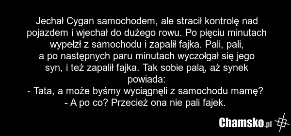 Jechał Cygan samochodem, ale stracił kontrolę nad pojazdem i wjechał do dużego rowu. Po pięciu minutach wypełzł z samochodu i zapalił fajka. Pali, pali, a po następnych paru minutach wyczołgał się jego syn, i też zapalił fajka. Tak sobie palą, aż synek powiada: - Tata, a może byśmy wyciągnęli z sam…