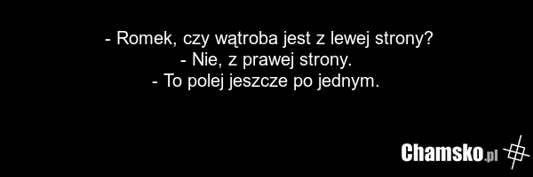 - Romek, czy wątroba jest z lewej strony? - Nie, z prawej strony. - To polej jeszcze po jednym.