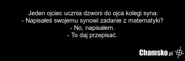 Jeden ojciec ucznia dzwoni do ojca kolegi syna: - Napisałeś swojemu synowi zadanie z matematyki? - No, napisałem. - To daj przepisać.