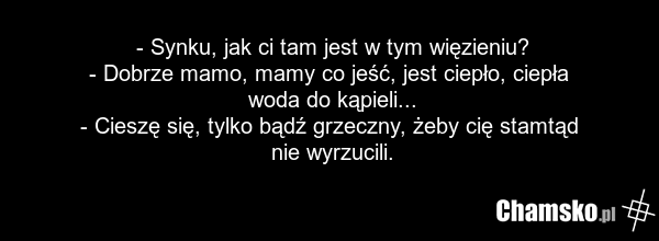 - Synku, jak ci tam jest w tym więzieniu? - Dobrze mamo, mamy co jeść, jest ciepło, ciepła woda do kąpieli... - Cieszę się, tylko bądź grzeczny, żeby cię stamtąd nie wyrzucili.