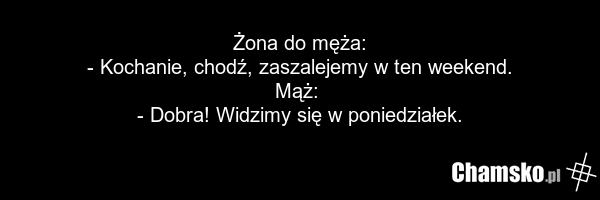Żona do męża: - Kochanie, chodź, zaszalejemy w ten weekend. Mąż: - Dobra! Widzimy się w poniedziałek.