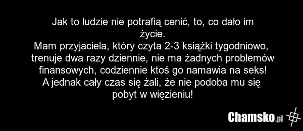Jak to ludzie nie potrafią cenić, to, co dało im życie. Mam przyjaciela, który czyta 2-3 książki tygodniowo, trenuje dwa razy dziennie, nie ma żadnych problemów finansowych, codziennie ktoś go namawia na seks! A jednak cały czas się żali, że nie podoba mu się pobyt w więzieniu!
