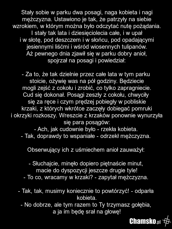 Stały sobie w parku dwa posagi, naga kobieta i nagi mężczyzna. Ustawiono je tak, że patrzyły na siebie wzrokiem, w którym można było odczytać nutę pożądania. I stały tak lata i dziesięciolecia całe, i w upał i w słotę, pod deszczem i w słońcu, pod opadającymi jesiennymi liśćmi i wśród wiosennych tu…