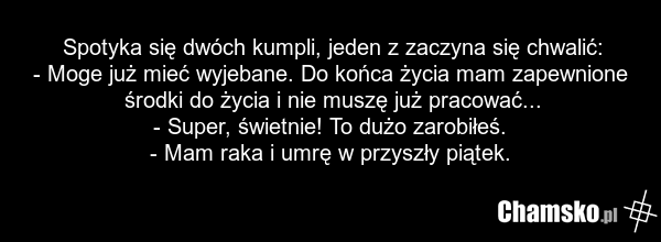 Spotyka się dwóch kumpli, jeden z zaczyna się chwalić: - Moge już mieć wyjebane. Do końca życia mam zapewnione środki do życia i nie muszę już pracować... - Super, świetnie! To dużo zarobiłeś. - Mam raka i umrę w przyszły piątek.