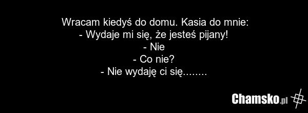 Wracam kiedyś do domu. Kasia do mnie: - Wydaje mi się, że jesteś pijany! - Nie - Co nie? - Nie wydaję ci się........