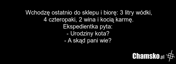 Wchodzę ostatnio do sklepu i biorę: 3 litry wódki, 4 czteropaki, 2 wina i kocią karmę. Ekspedientka pyta: - Urodziny kota? - A skąd pani wie?