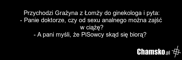 Przychodzi Grażyna z Łomży do ginekologa i pyta: - Panie doktorze, czy od sexu analnego można zajść w ciążę? - A pani myśli, że PiSowcy skąd się biorą?