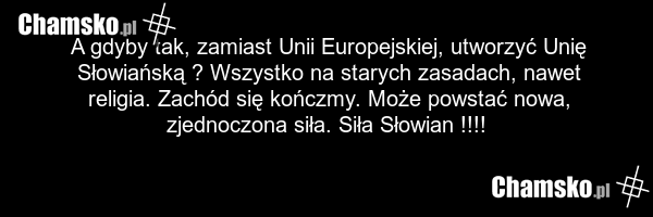 A gdyby tak, zamiast Unii Europejskiej, utworzyć Unię Słowiańską ? Wszystko na starych zasadach, nawet religia. Zachód się kończmy. Może powstać nowa, zjednoczona siła. Siła Słowian !!!!
