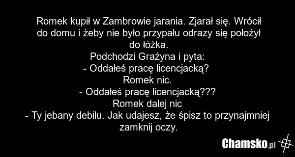 Romek kupił w Zambrowie jarania. Zjarał się. Wrócił do domu i żeby nie było przypału odrazy się położył do łóżka. Podchodzi Grażyna i pyta: - Oddałeś pracę licencjacką? Romek nic. - Oddałeś pracę licencjacką??? Romek dalej nic - Ty jebany debilu. Jak udajesz, że śpisz to przynajmniej zamknij oczy.