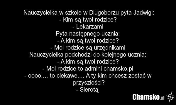 Nauczycielka w szkole w Dlugoborzu pyta Jadwigi: - Kim są twoi rodzice? - Lekarzami Pyta następnego ucznia: - A kim są twoi rodzice? - Moi rodzice są urzędnikami Nauczycielka podchodzi do kolejnego ucznia: - A kim są twoi rodzice? - Moi rodzice to admini chamsko.pl - oooo.... to ciekawe.... A ty ki…
