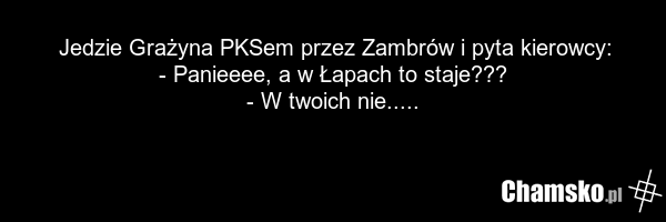 Jedzie Grażyna PKSem przez Zambrów i pyta kierowcy: - Panieeee, a w Łapach to staje??? - W twoich nie.....