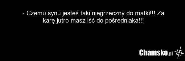 - Czemu synu jesteś taki niegrzeczny do matki!!! Za karę jutro masz iść do pośredniaka!!!