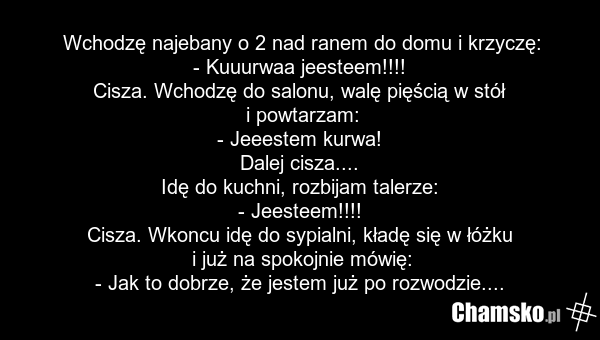 Wchodzę najebany o 2 nad ranem do domu i krzyczę: - Kuuurwaa jeesteem!!!! Cisza. Wchodzę do salonu, walę pięścią w stół i powtarzam: - Jeeestem kurwa! Dalej cisza.... Idę do kuchni, rozbijam talerze: - Jeesteem!!!! Cisza. Wkoncu idę do sypialni, kładę się w łóżku i już na spokojnie mówię: - Jak to…