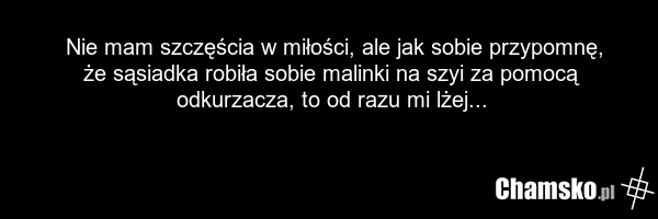 Nie mam szczęścia w miłości, ale jak sobie przypomnę, że sąsiadka robiła sobie malinki na szyi za pomocą odkurzacza, to od razu mi lżej...