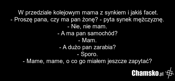 W przedziale kolejowym mama z synkiem i jakiś facet. - Proszę pana, czy ma pan żonę? - pyta synek mężczyznę. - Nie, nie mam. - A ma pan samochód? - Mam. - A dużo pan zarabia? - Sporo. - Mame, mame, o co go miałem jeszcze zapytać?