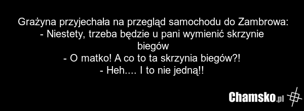 Grażyna przyjechała na przegląd samochodu do Zambrowa: - Niestety, trzeba będzie u pani wymienić skrzynie biegów - O matko! A co to ta skrzynia biegów?! - Heh.... I to nie jedną!!