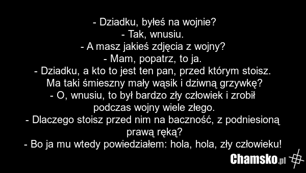 - Dziadku, byłeś na wojnie? - Tak, wnusiu. - A masz jakieś zdjęcia z wojny? - Mam, popatrz, to ja. - Dziadku, a kto to jest ten pan, przed którym stoisz. Ma taki śmieszny mały wąsik i dziwną grzywkę? - O, wnusiu, to był bardzo zły człowiek i zrobił podczas wojny wiele złego. - Dlaczego stoisz przed…