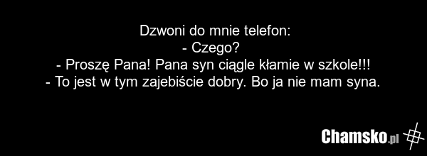 Dzwoni do mnie telefon: - Czego? - Proszę Pana! Pana syn ciągle kłamie w szkole!!! - To jest w tym zajebiście dobry. Bo ja nie mam syna.