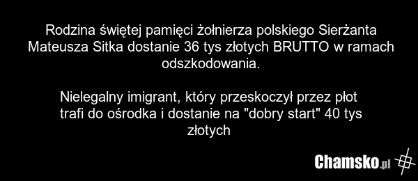 Rodzina świętej pamięci żołnierza polskiego Sierżanta Mateusza Sitka dostanie 36 tys złotych BRUTTO w ramach odszkodowania. Nielegalny imigrant, który przeskoczył przez płot trafi do ośrodka i dostanie na "dobry start" 40 tys złotych