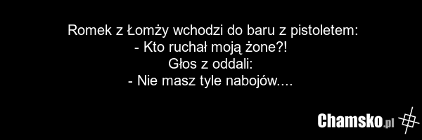 Romek z Łomży wchodzi do baru z pistoletem: - Kto ruchał moją żone?! Głos z oddali: - Nie masz tyle nabojów....