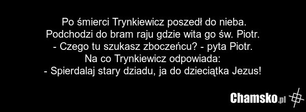 Po śmierci Trynkiewicz poszedł do nieba. Podchodzi do bram raju gdzie wita go św. Piotr. - Czego tu szukasz zboczeńcu? - pyta Piotr. Na co Trynkiewicz odpowiada: - Spierdalaj stary dziadu, ja do dzieciątka Jezus!