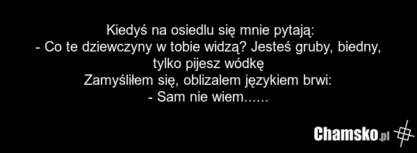 Kiedyś na osiedlu się mnie pytają: - Co te dziewczyny w tobie widzą? Jesteś gruby, biedny, tylko pijesz wódkę Zamyśliłem się, oblizalem językiem brwi: - Sam nie wiem......