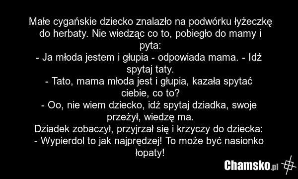 Małe cygańskie dziecko znalazło na podwórku łyżeczkę do herbaty. Nie wiedząc co to, pobiegło do mamy i pyta: - Ja młoda jestem i głupia - odpowiada mama. - Idź spytaj taty. - Tato, mama młoda jest i głupia, kazała spytać ciebie, co to? - Oo, nie wiem dziecko, idź spytaj dziadka, swoje przeżył, wied…