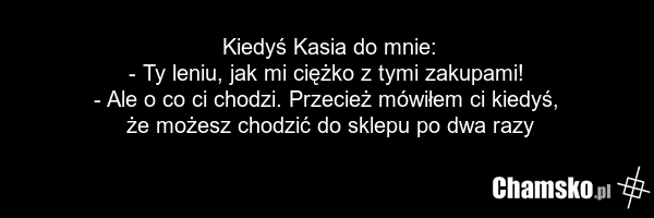 Kiedyś Kasia do mnie: - Ty leniu, jak mi ciężko z tymi zakupami! - Ale o co ci chodzi. Przecież mówiłem ci kiedyś, że możesz chodzić do sklepu po dwa razy