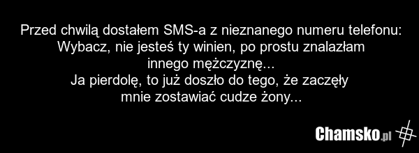 Przed chwilą dostałem SMS-a z nieznanego numeru telefonu: Wybacz, nie jesteś ty winien, po prostu znalazłam innego mężczyznę... Ja pierdolę, to już doszło do tego, że zaczęły mnie zostawiać cudze żony...