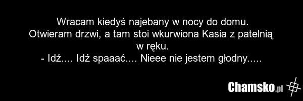 Wracam kiedyś najebany w nocy do domu. Otwieram drzwi, a tam stoi wkurwiona Kasia z patelnią w ręku. - Idź.... Idź spaaać.... Nieee nie jestem głodny.....