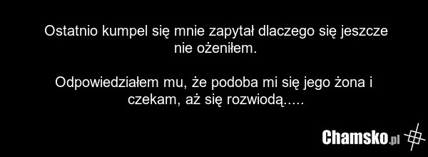 Ostatnio kumpel się mnie zapytał dlaczego się jeszcze nie ożeniłem. Odpowiedziałem mu, że podoba mi się jego żona i czekam, aż się rozwiodą.....